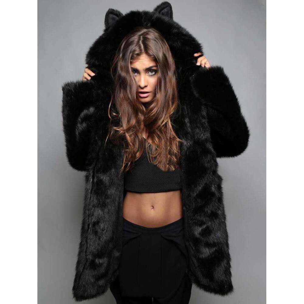 New Fox Hair Hooded Collar Mid Length Women's Fur Coat Hat