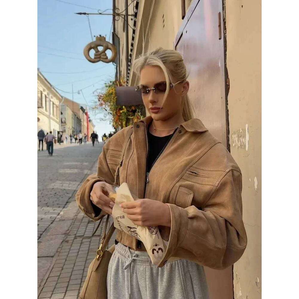 Fashion Brown Short Suede Jacket Women Chic Lapel Long Sleeve Pocket Zipper Cropped Coat Autumn Lady Highstreet Commute Outwear