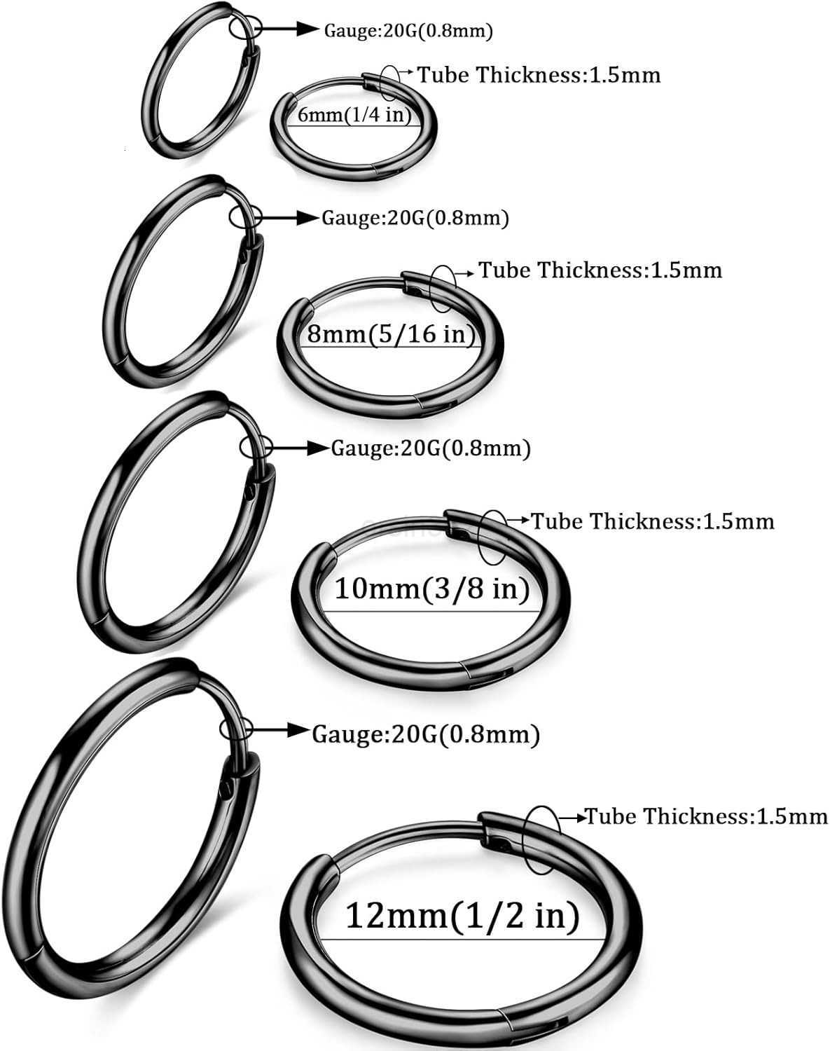 316L Surgical Stainless Steel Huggie Hoop Earrings 6mm 8mm 10mm 11mm 12mm 14mm Hypoallergenic Earrings Hoop Cartilage Helix Lobes Hinged Sleeper Earri