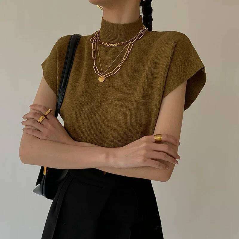 Solid Stand-Up Collar Knitted Blouse Vest Short Sleeve Office Lady Casual Shirt Fashion Loose Elegant Straight Summer Tops 20397