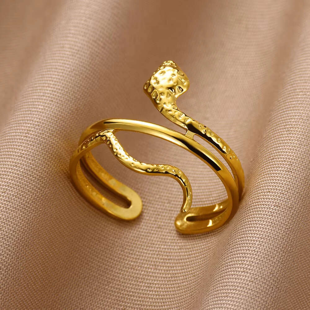 Stainless Steel Snake Gold Plated Open Ring Gothic Punk Style Animal Exaggerated Jewelry
