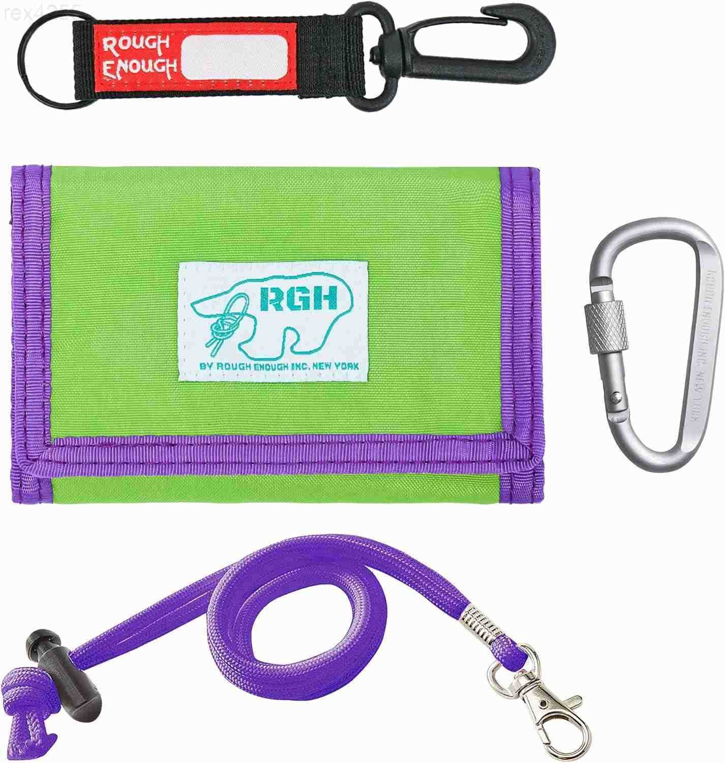 Rough Enough Kids Wallet for Boys Girls Heavy Duty Nylon Wallet with Neck Lanyard Keychain for Travel Outdoor Activities Green PurpleW250911