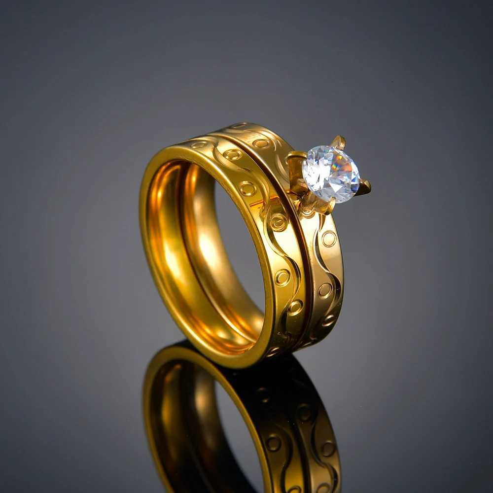 2pcs Wedding Rings for Women Men Couple Promise Band Set Crystal Stainless Steel Engagement Jewelry Dropshipping for Lovers W250911