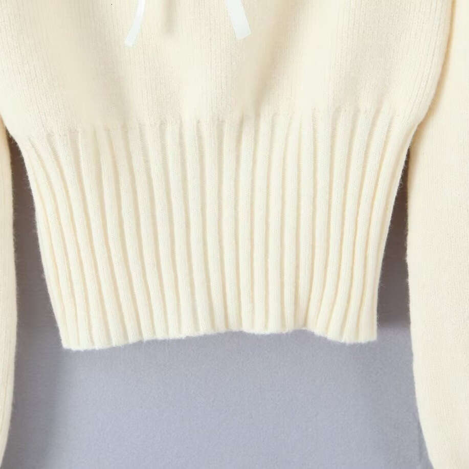 DHEssentials Ins Style 25 New Fashion Korean Sweet Lace Collarbone-Exposing Round Neck Ribbon Bow Sweater