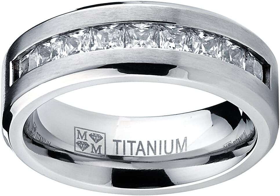 Titanium Men's Wedding Band Engagement Ring with 9 large Princess Cut Cubic Zirconia