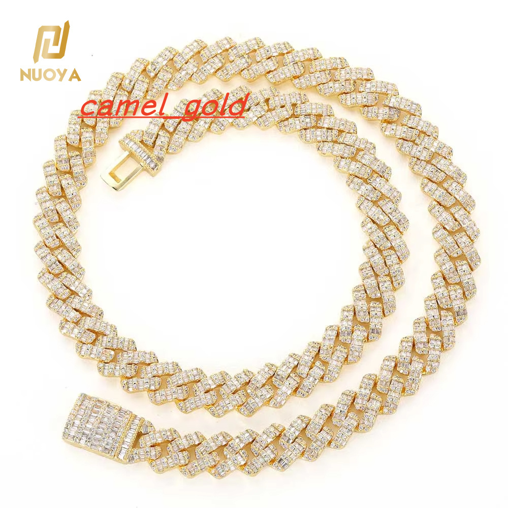 NUOYA Custom 10mm Iced Baguette Straight Line Cuban Link Chain Necklace Hip Hop Jewelry with Zircon Stones for Wedding or Gift
