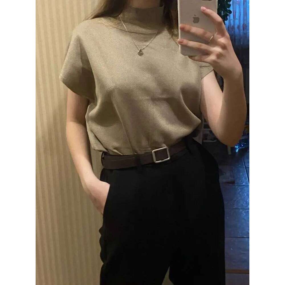 Solid Stand-Up Collar Knitted Blouse Vest Short Sleeve Office Lady Casual Shirt Fashion Loose Elegant Straight Summer Tops 20397