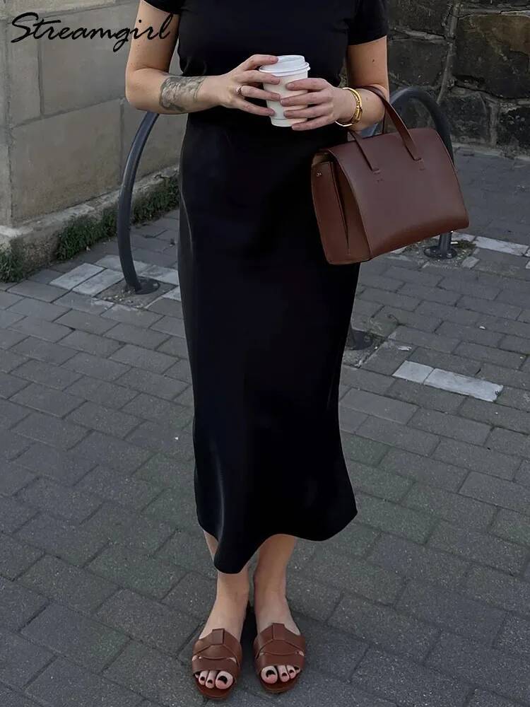 Satin Skirts Summer Black Formal Silk Office With Slit A Line Green Midi Skirt Bury Women Elegant dongdumaoyi