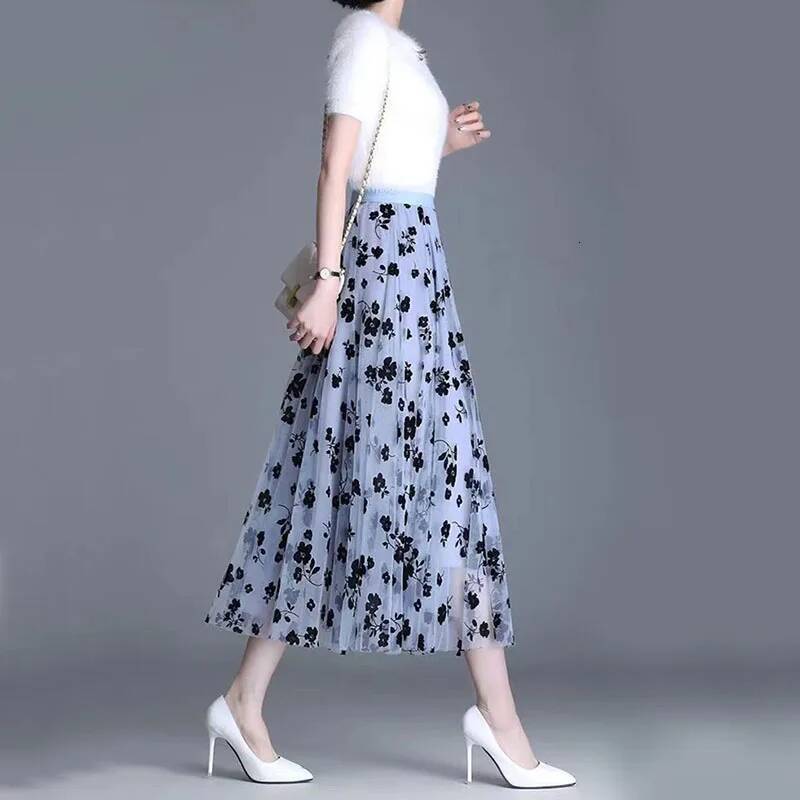 Korean Women Mesh Fashion Hook Flower Loose Midi Skirt Elegant Female Casual All Match Skirts Summer New dongdumaoyi