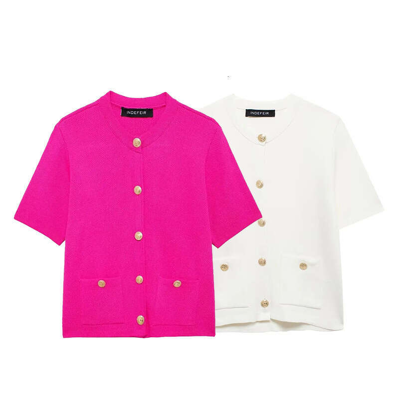 DHEssentials New Style Chanel-Inspired Round Neck Patch Pocket Button Design Short Sleeve Knitted Jacket for Women 6427031