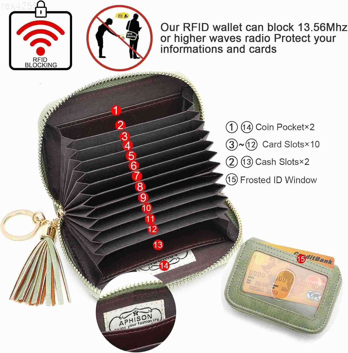 RFID Credit Card Holder Zipper Card Case Keychain Small Wallet for Women 1927 GREENW250911