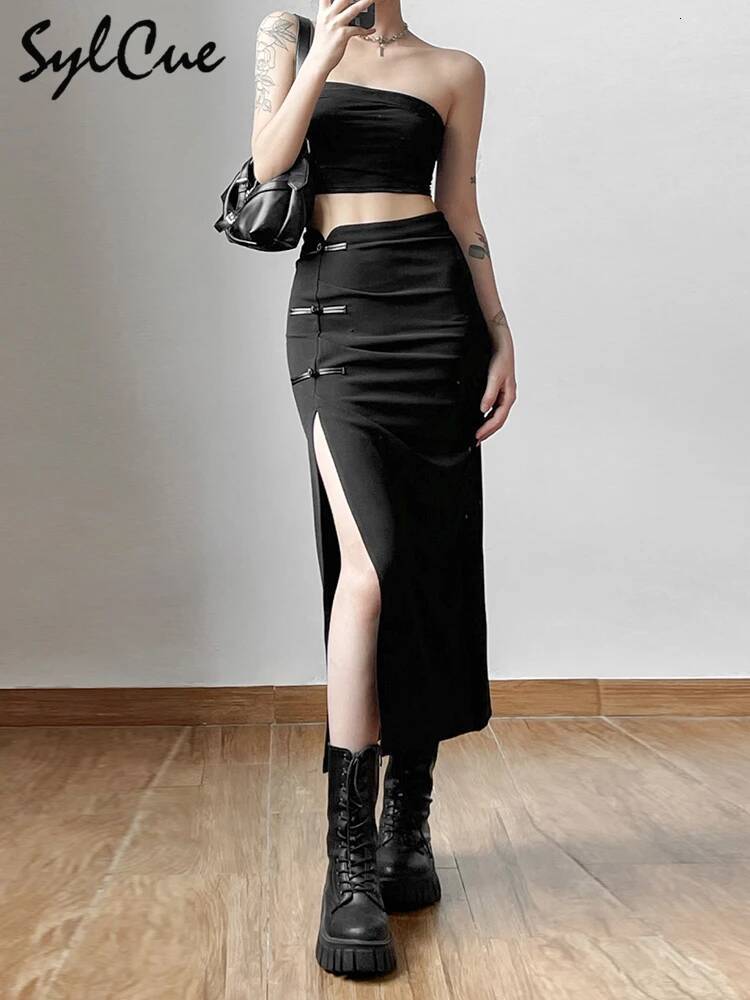 Nibber Black Sexy Split Simple Casual All-Match Hot Street Outing Cool Mature Vitality Personality Trend Basic Women'S Skirt dongdumaoyi