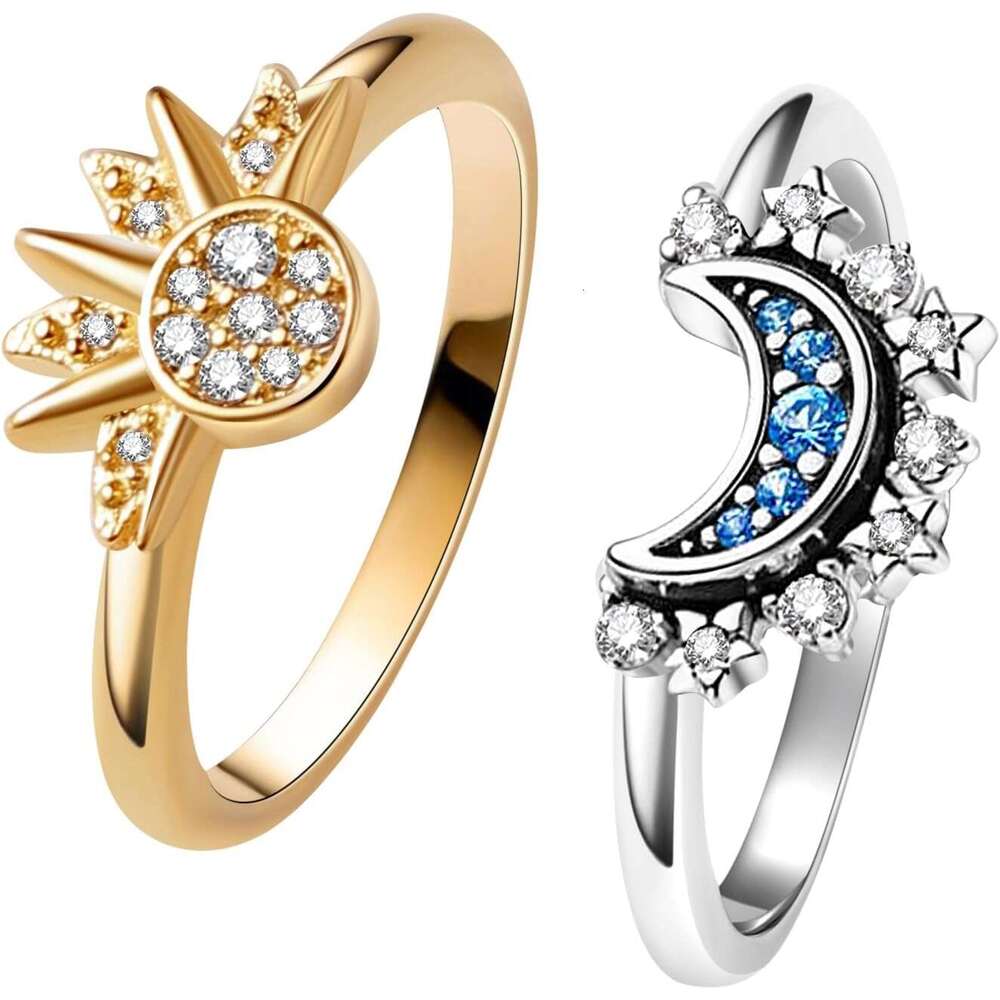 and Set, Sparkling Sun Ring/Blue Moon Ring with 14k Gold/Sier Plating, Friendship Promise Ring, Stackable Celestial Rings, Gift for Women