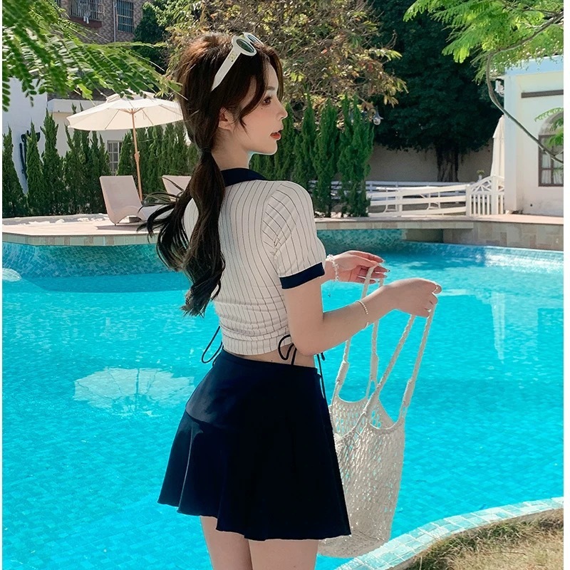 2025 New Women's Two-Piece Slimming Covering Student College Style Skirt Short Sleeve Cute Swimsuit Set