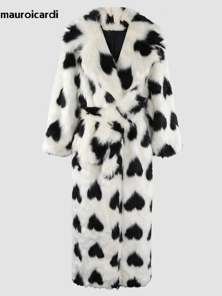 Mauroicardi Autumn Winter Extra Long Thick Warm Colorful Heart Printed Faux Fur Coat Women Sashes Stylish Furry Overcoat