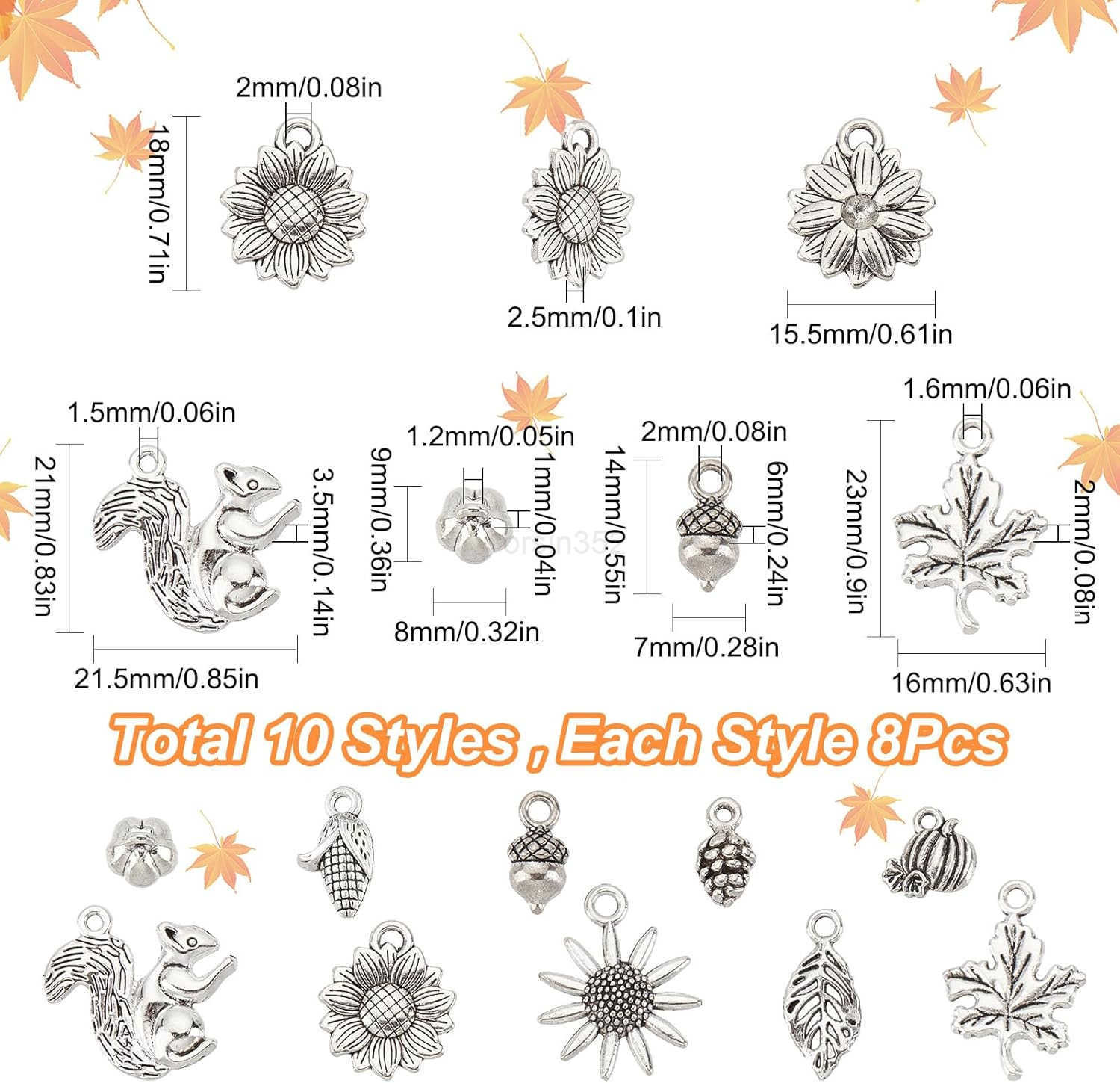 1 Box 50Pcs Thanksgiving Wheat Charm Fall Harvest Autumn Charms Bulk Tibetan Style Antique Silver Spike Flower Wheat Ears Pendants for Jewelry Making 