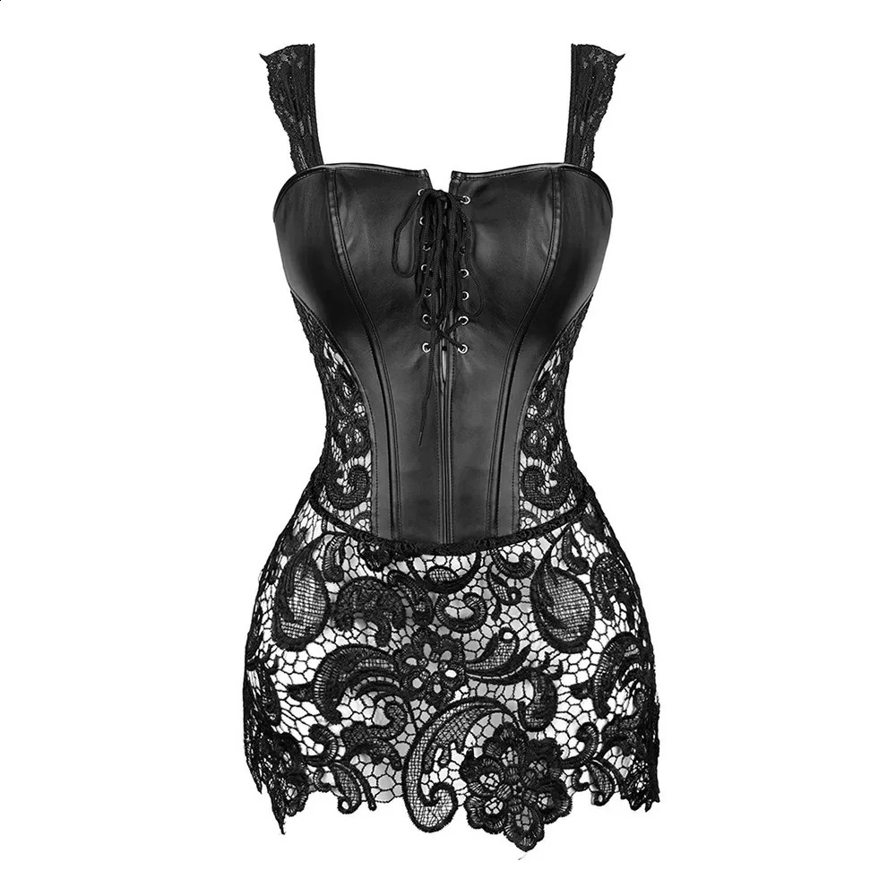 Steampunk Corset Dress Women Gothic Sexy Faux Leather Zipper Bustier Lace Skirt Black Red Corselet Clubwear 250911