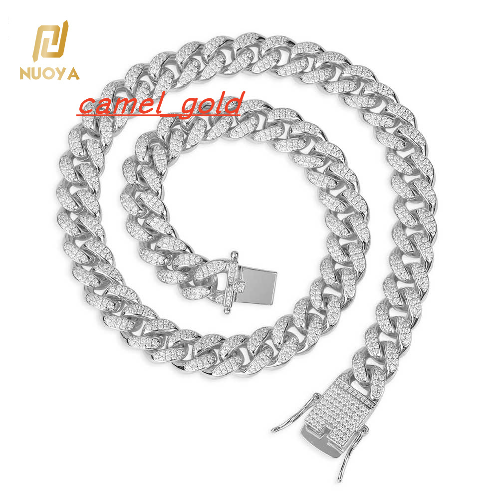 NUOYA High Quality 12mm Iced Out Zircon Cuban Link Chain Necklace White Gold Plated Customizable Cuban Chain Hip Hop Jewelry