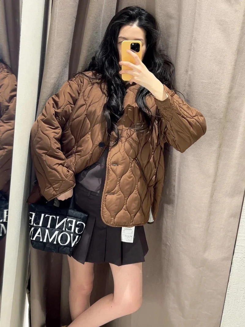 ETJ TRAF womens Autumnwinter Maillard brown light quilted diamond jacket loose version of the round neck coat 250911