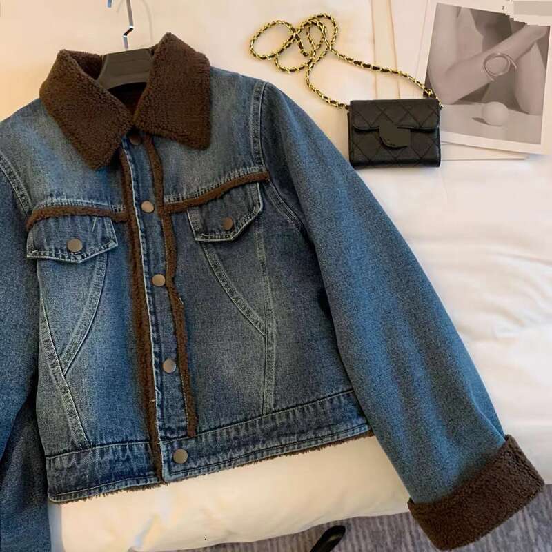 Women's Clothing French Street Style Plus Veet Thickened Denim For Women Spring And Autumn Age Reducing Cotton Padded Jacket