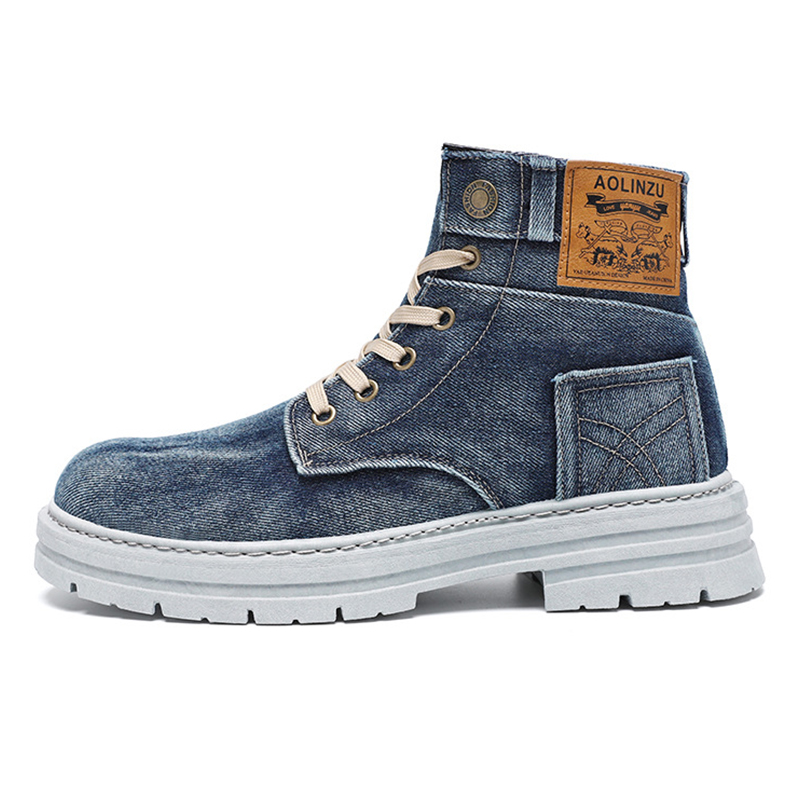 designer boots denim high-top martin boot black blue trendy style durable non-slip soles casual outdoor hiking mens boots size 39-48