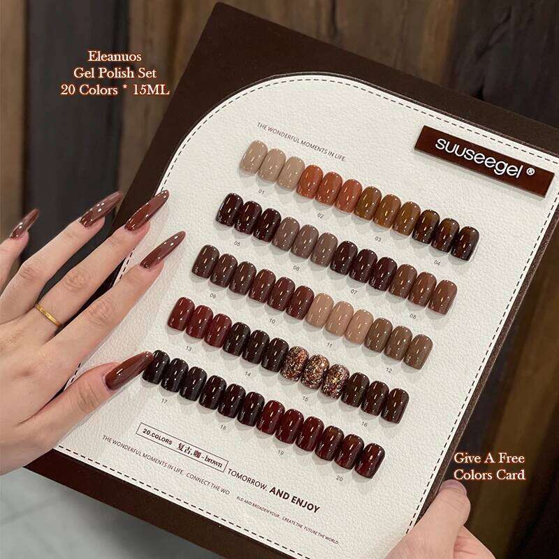 Eleanuos Caramel Coffee Gel Polished 20Pcs Mixed Clearcoat Semi Permanent Brown Shiny Vintage Whitening UV LED Primer Nail Salon