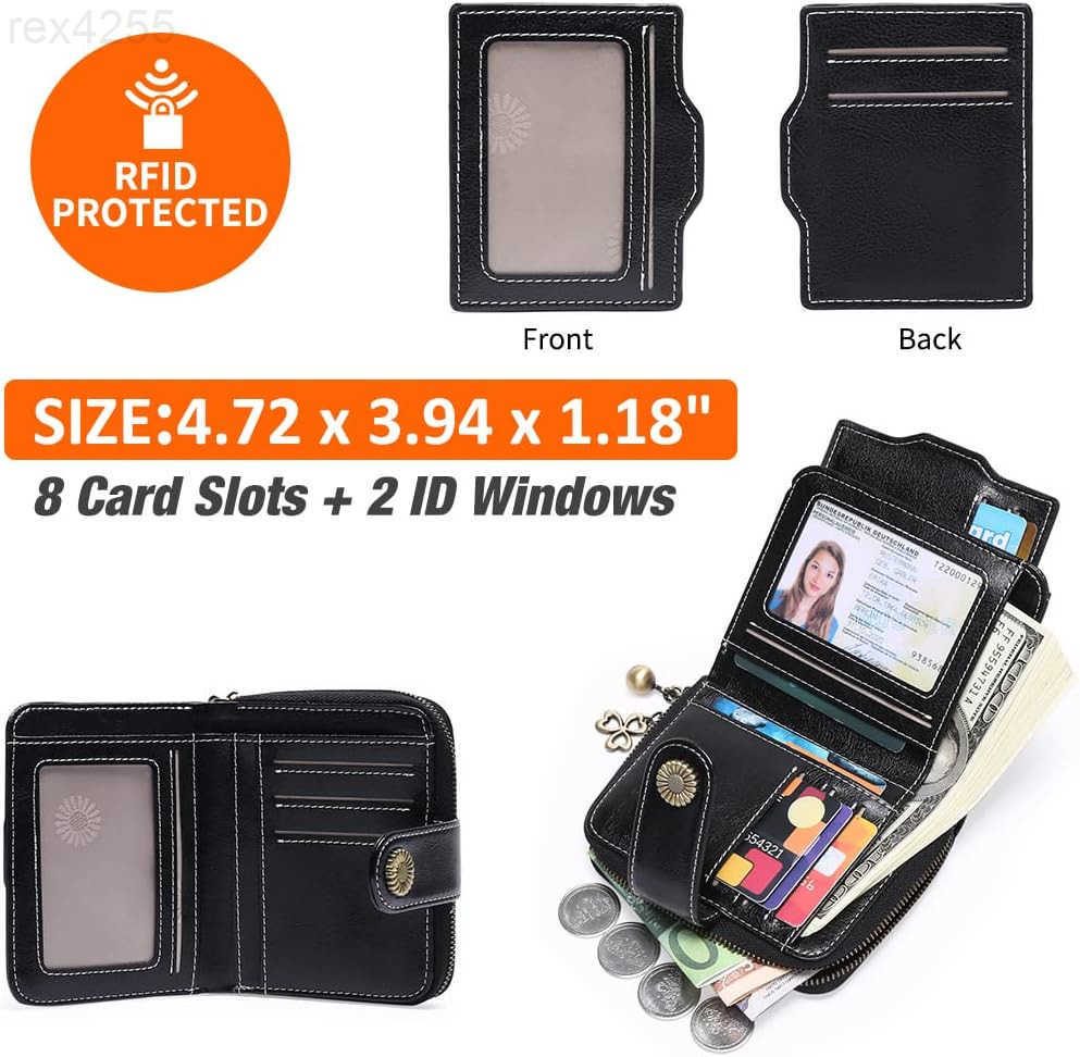 Wallet for Women Leather Small RFID Blocking Bifold Zipper Pocket Card Holder with ID Window BlackW250911