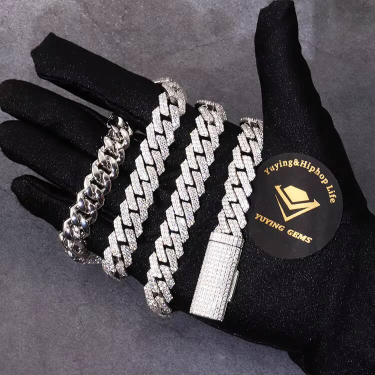 S925 Real Light Moissanite with GRA 12mm 2Rows Iced Out Cuban Chain Necklace for Men