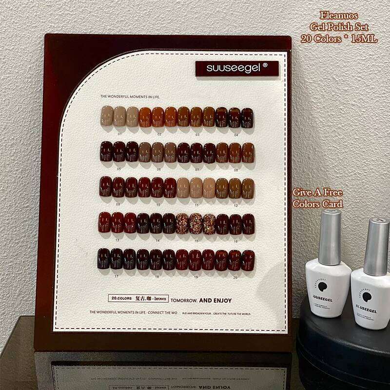 Eleanuos Caramel Coffee Gel Polished 20Pcs Mixed Clearcoat Semi Permanent Brown Shiny Vintage Whitening UV LED Primer Nail Salon