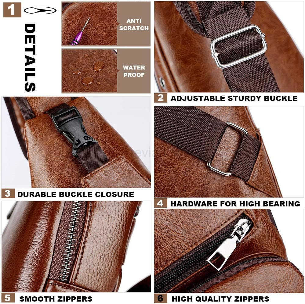 Leather Sling Bag Mens Crossbody Bag Chest Bag Sling Backpack for Men with USB Charge PortW250911