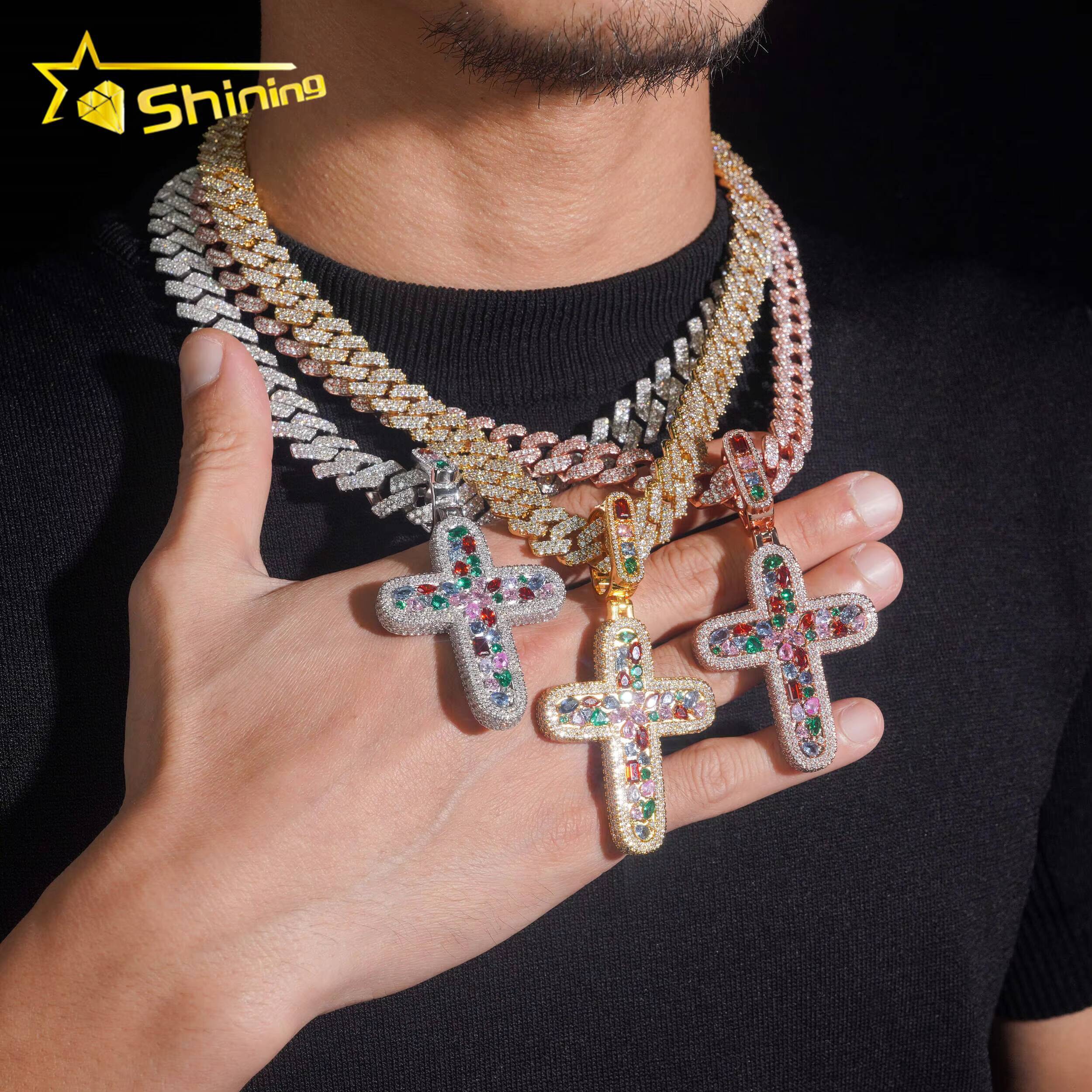 Fashion Body Jewelry Colorful CZ Iced Out Cross Pendant High Quality Men Women Brass Hip Hop Pendant Necklace Daily Wear