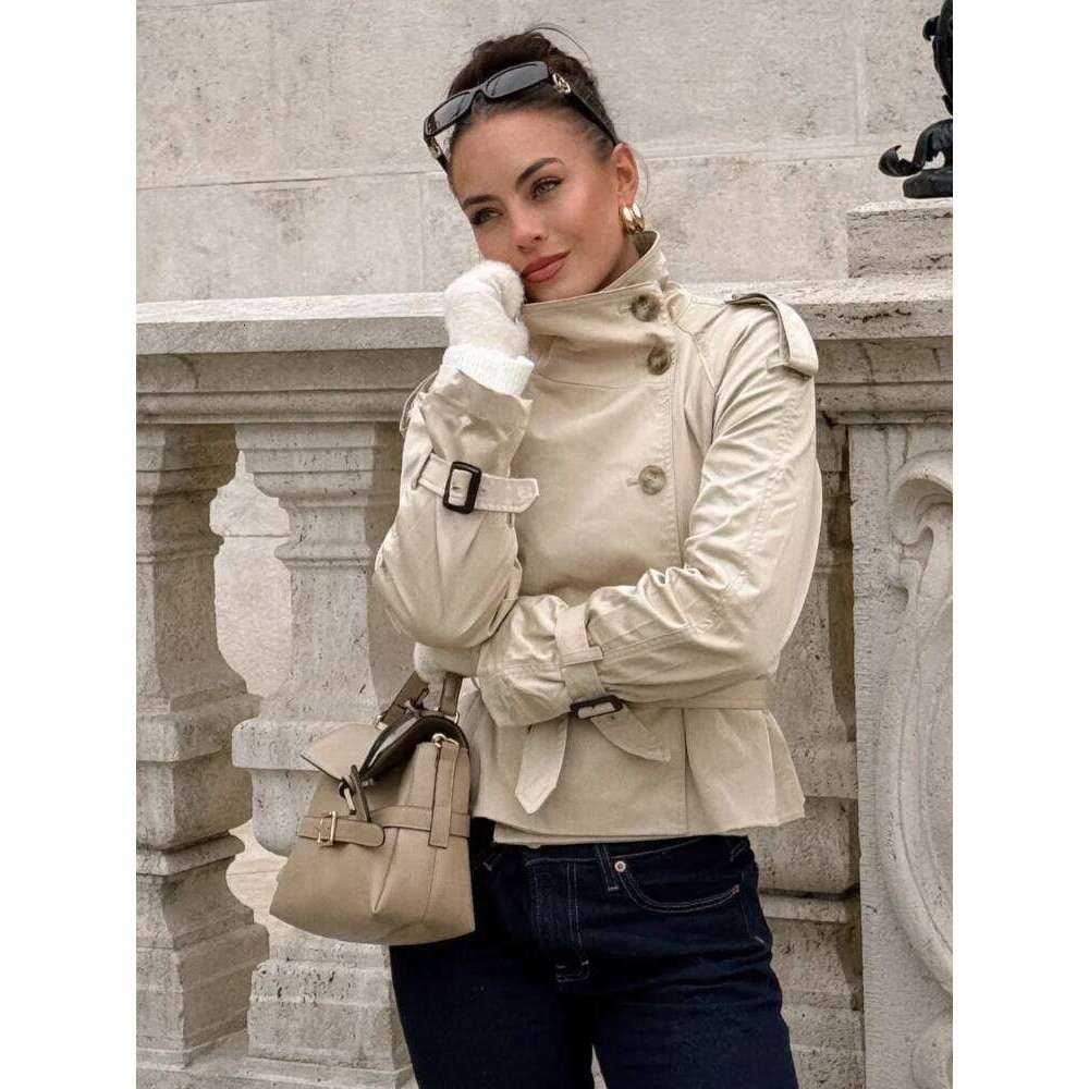 Spring Double Breasted Trench Coat With Belts Women Elegant Stand Collar Long Sleeve Jacket Office Lady Windbreaker Street Tops