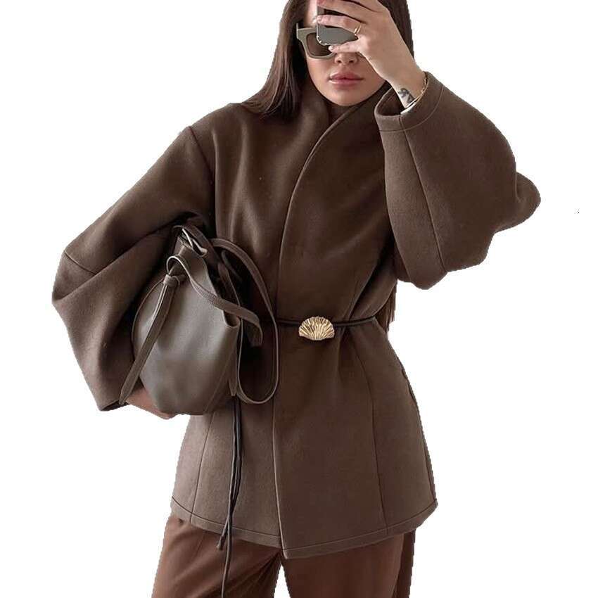Autumn Winter New High-End Brown Waist-Cinching Woolen Coat for Women with a Sense of Design, Elegant and Fashionable Ins Style