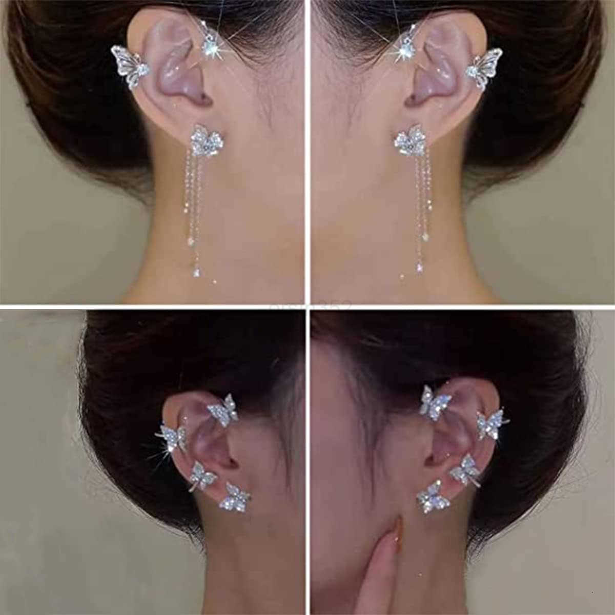 2 Pairs Dainty Silver Butterfly Ear Cuffs Wraps for Women Non Piercing Bling Butterfly Tassel Style Zircon Earrings Ear Clips Bridal Wedding JewelryW2