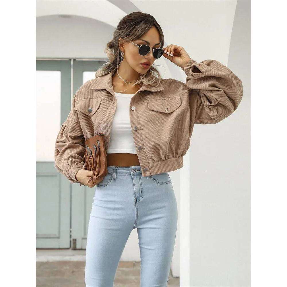 Corduroy Short Jacket Women Loose Tops Spring Autumn Turndown Collar Lantern Sleeve Casual Coat Lady Streetwear Outerwear