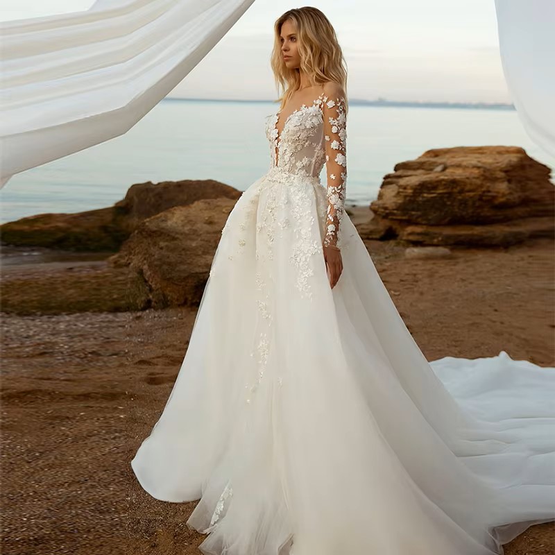 Detachable 2 in1 Lace White Wedding Dresses Elegant Women Sexy V-neck Backless Mermaid Lace Appliques Tulle Bridal Gowns Vestidos De Novia