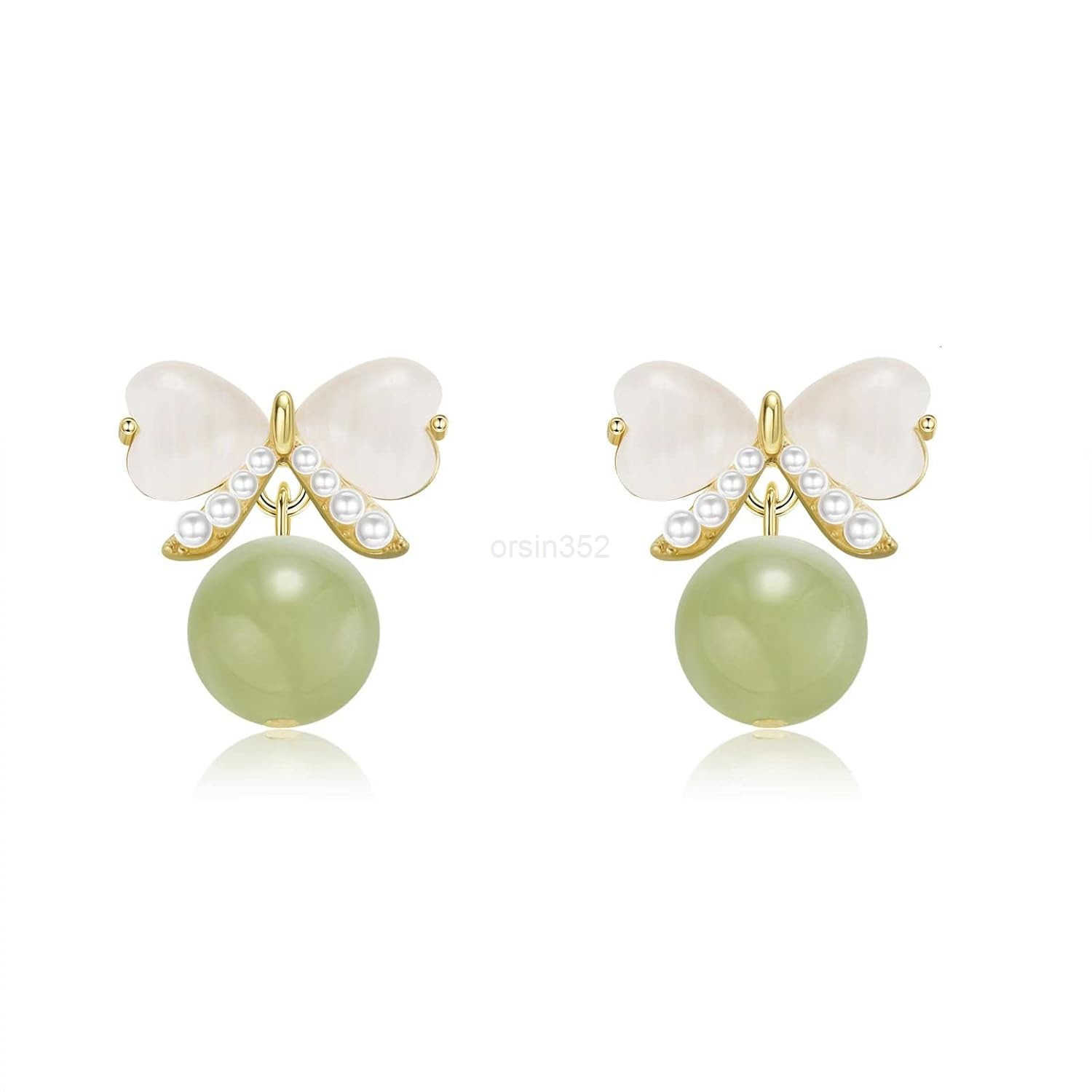Natural Hetian Jade Bow Earrings Dainty Green Real Jade Charm Pendant Jewelry Studs Handmade Ear Stud Earrings Hoop Earrings for Women 925 Sterling Si