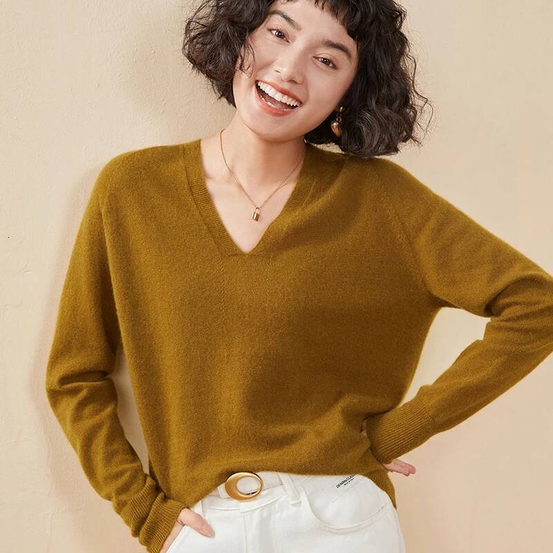 Autumn And Winter New Sweater 100% Pure Cashmere V-neck Knitted Pullover Long Sleeved Hot Selling Women's Top