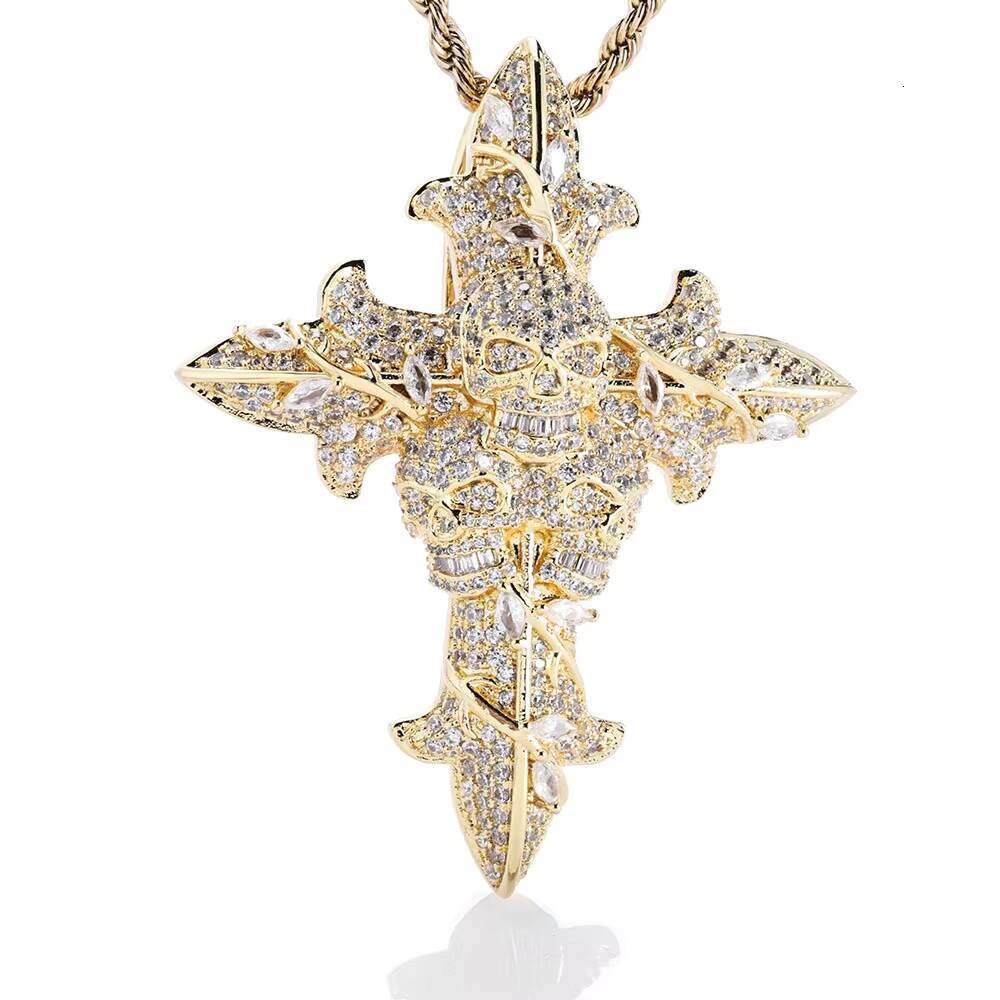 Mens Retro Hip Hop Brass Pendant Necklace with Skull Cross and Zircon Rope Chain for Anniversary Occasions