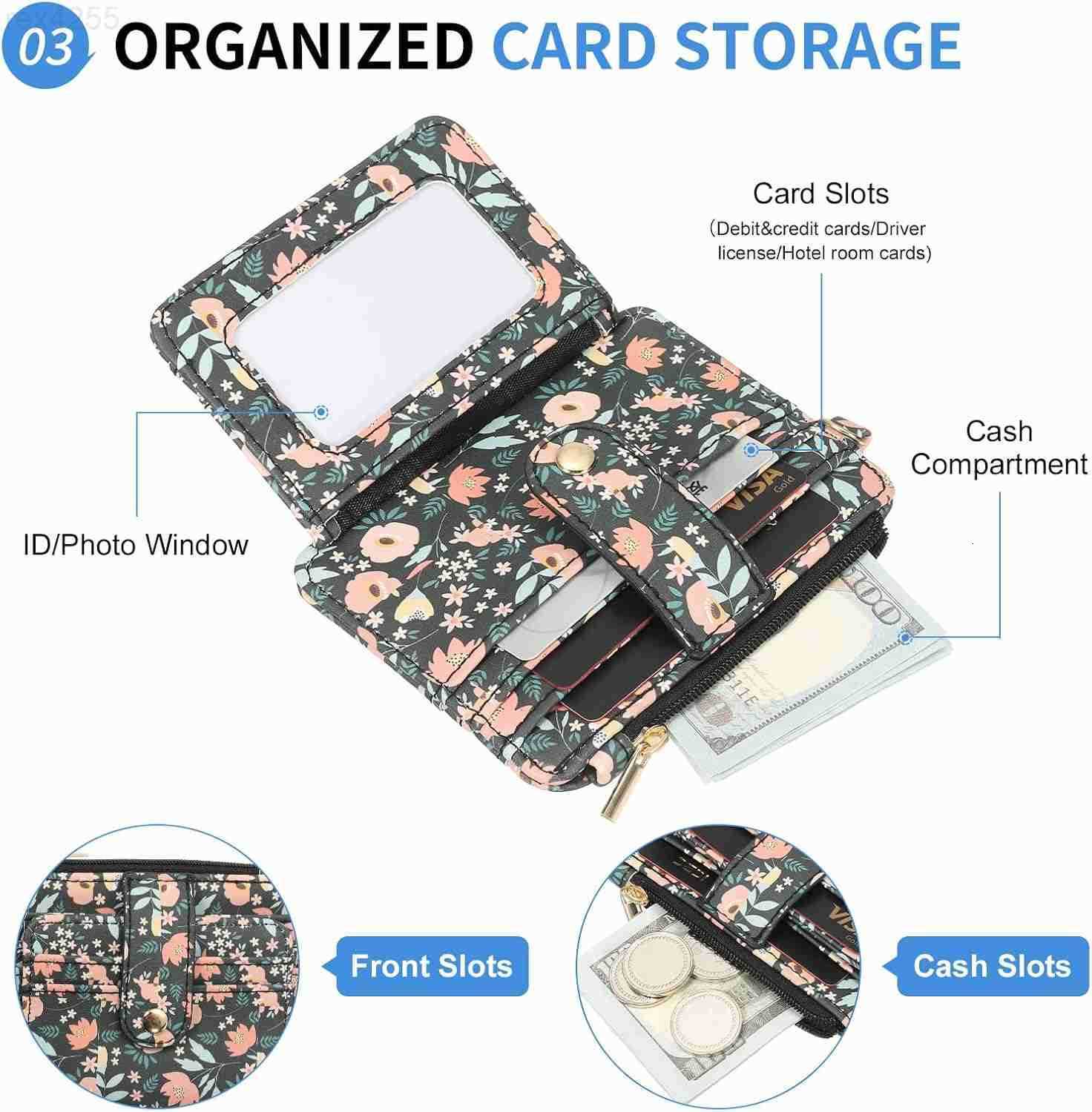Small Credit Card Wallet with Keychain Wristlet Beads Ring PU Leather Card Holder 8 Card Slots 1 ID Window 1 Zipper Pocket Flower PrintW250911