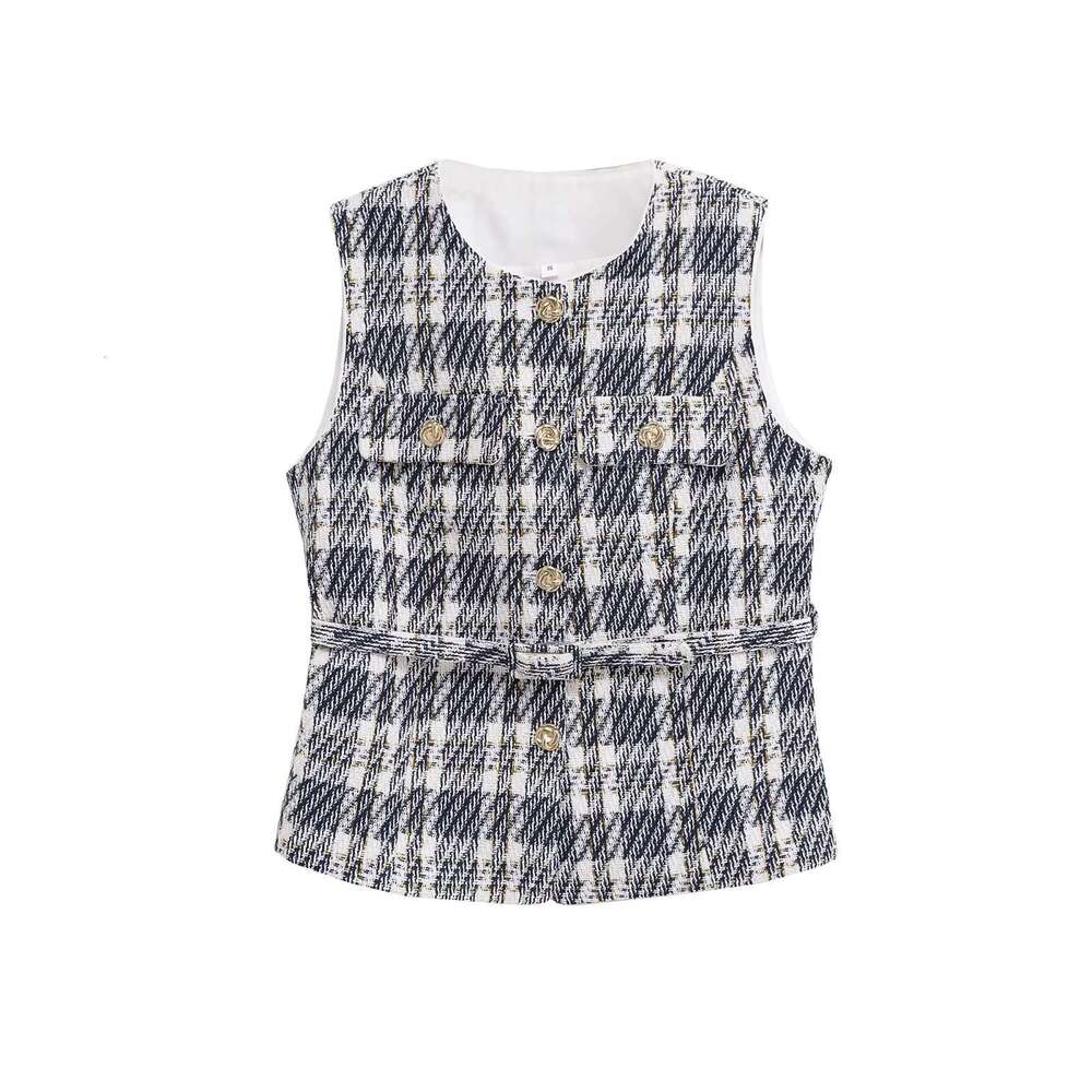 DHEssentials Ins Women's Fashion 20205 New Round Neck Waist-Cinching Little Chanel Style Multi-Color Belt Decorated Vest