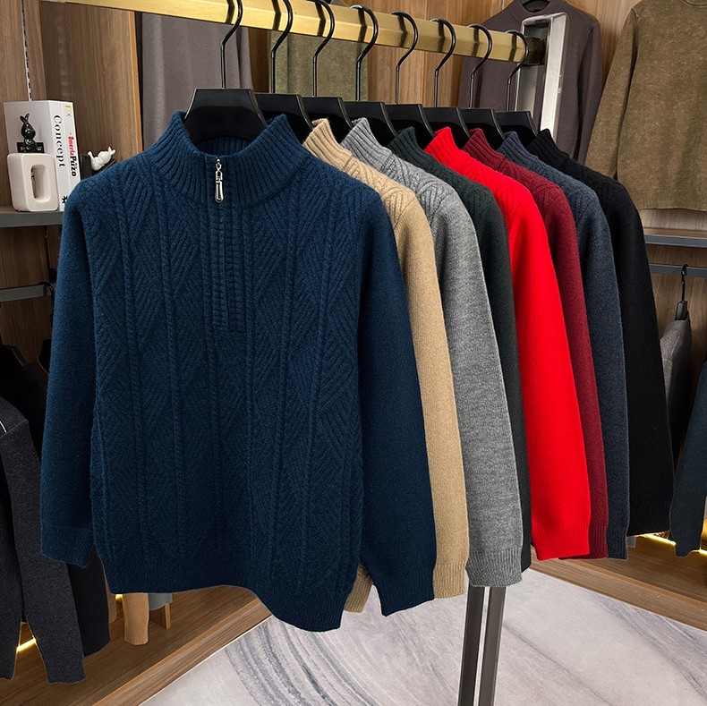 Men's Mid-Age & Young Adult Half-Zip Sweater - Winter Thickened, Warm, Business-Casual Pullover Base Layer Knitwear
