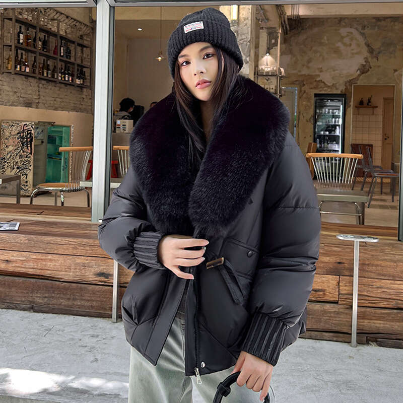Winter New Style Large Fur Collar Cotton Jacket Women, Short Warm Thickened Anti-Fur Coat for Petite Figures