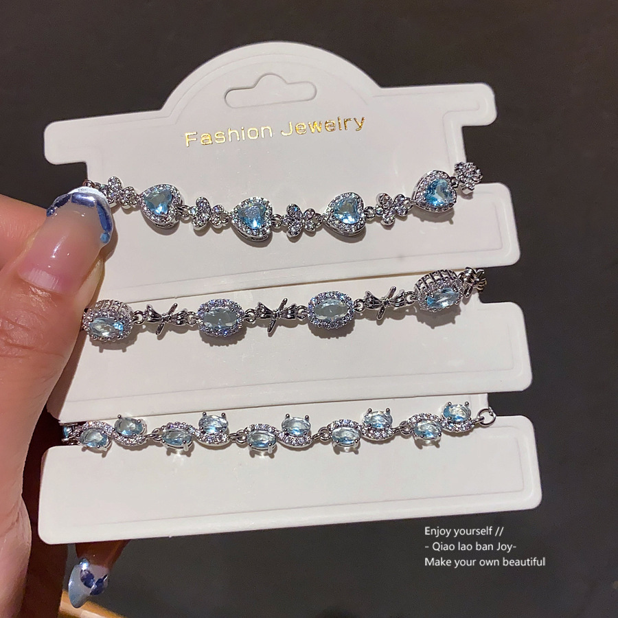 Silver - Toned Bracelet With Aquamarine - Hued Oval Crystals, Sparkly Pave Accents Delicate Daily & Elegant Jewelry Gift For Her High - Quality And Ch