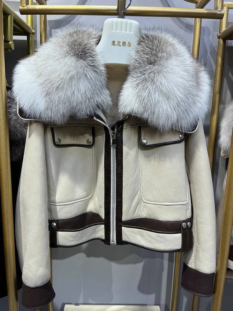 2024 Winter Warm Women Real Fox Collar Natural Merino Sheep Fur Coat Genuine Leather Jacket Thick Female Coats