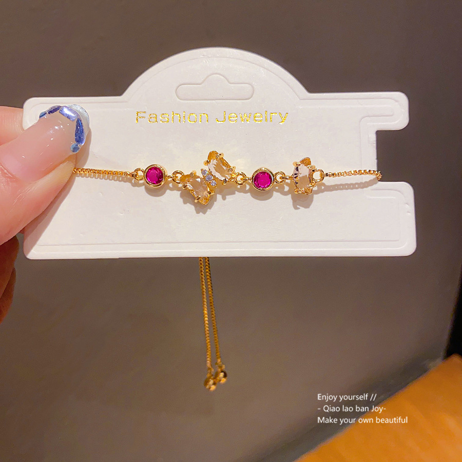 Gold - Toned Bracelet With Magenta Round Crystals, Clear Accent Stones Delicate Daily & Elegant Jewelry Gift For Her High - Quality And Colorful Acces