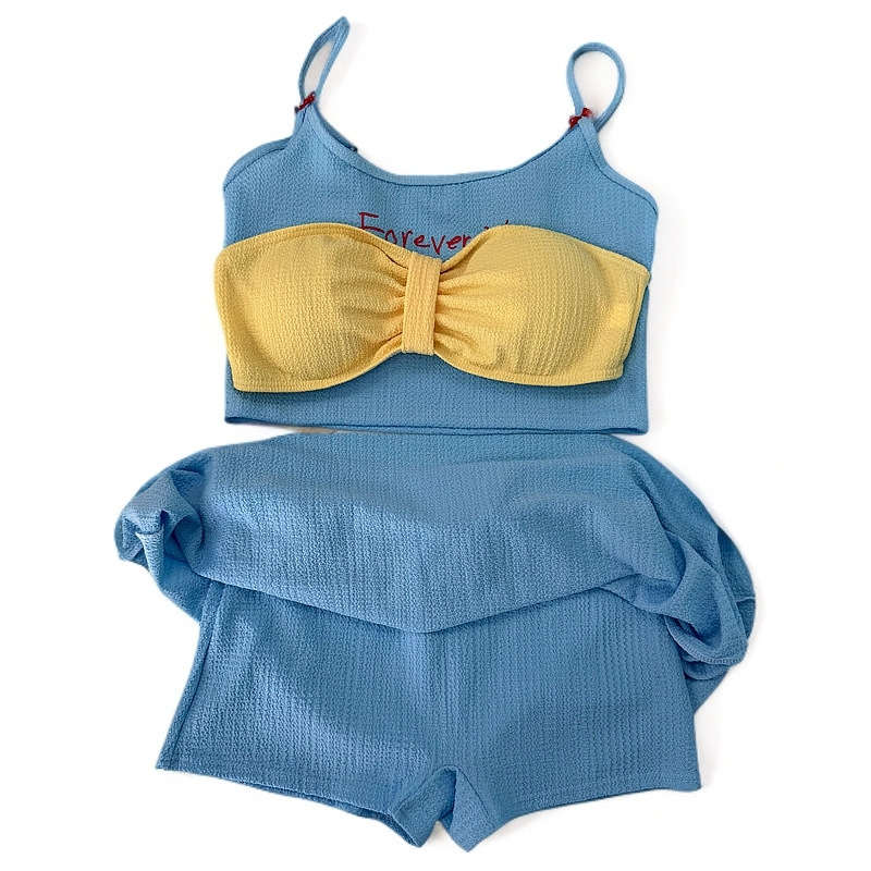2025 New Women's Sweet Two-Piece Bikini Swimsuit for Small Bust, Gathered, Beach Vacation, Hot Spring Bathing, Three-Piece Set