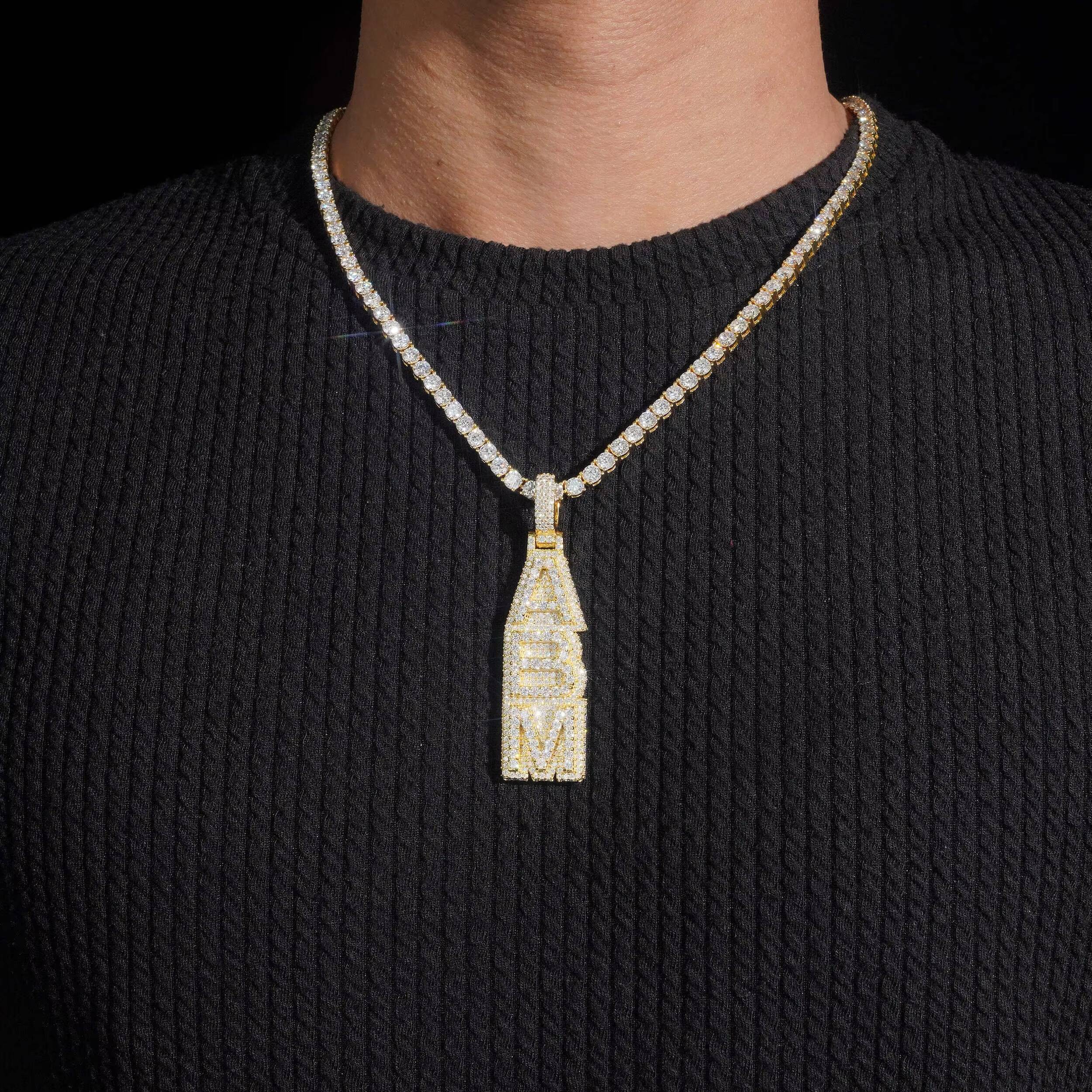 Iced Out Jewelry Moissanite Vertical Letter Initial Pendant 925 Silver Moissanite Diamond Pendant Custom Pendant