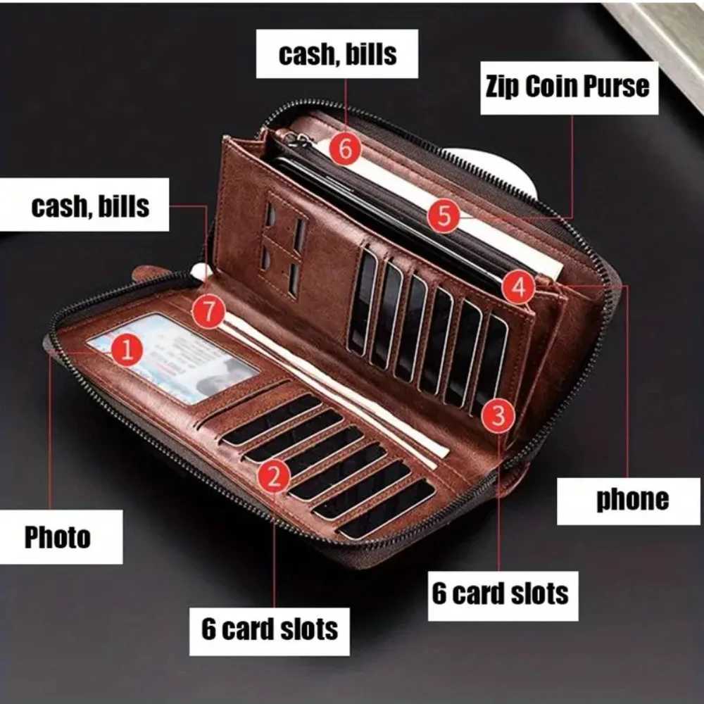 Men Long RFID Blocking Wallet Zipper Multi Card Holder Leather Credit Card Organizer Anti Theft Purse for Men W250911