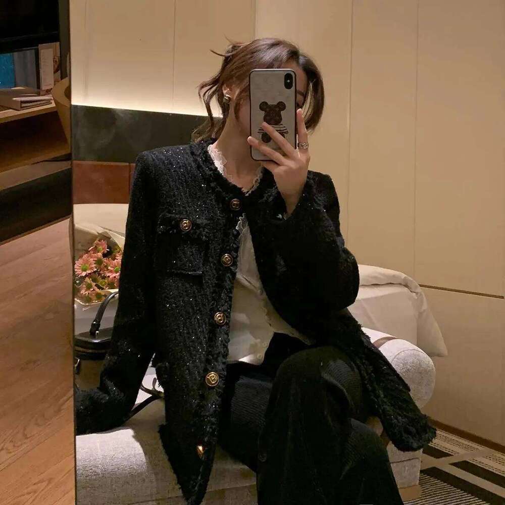 Black Jacket Women's Shiny Silk Cotton Autumn And Winter New French Socialite High-End Feeling Coarse Floral Wool Coat
